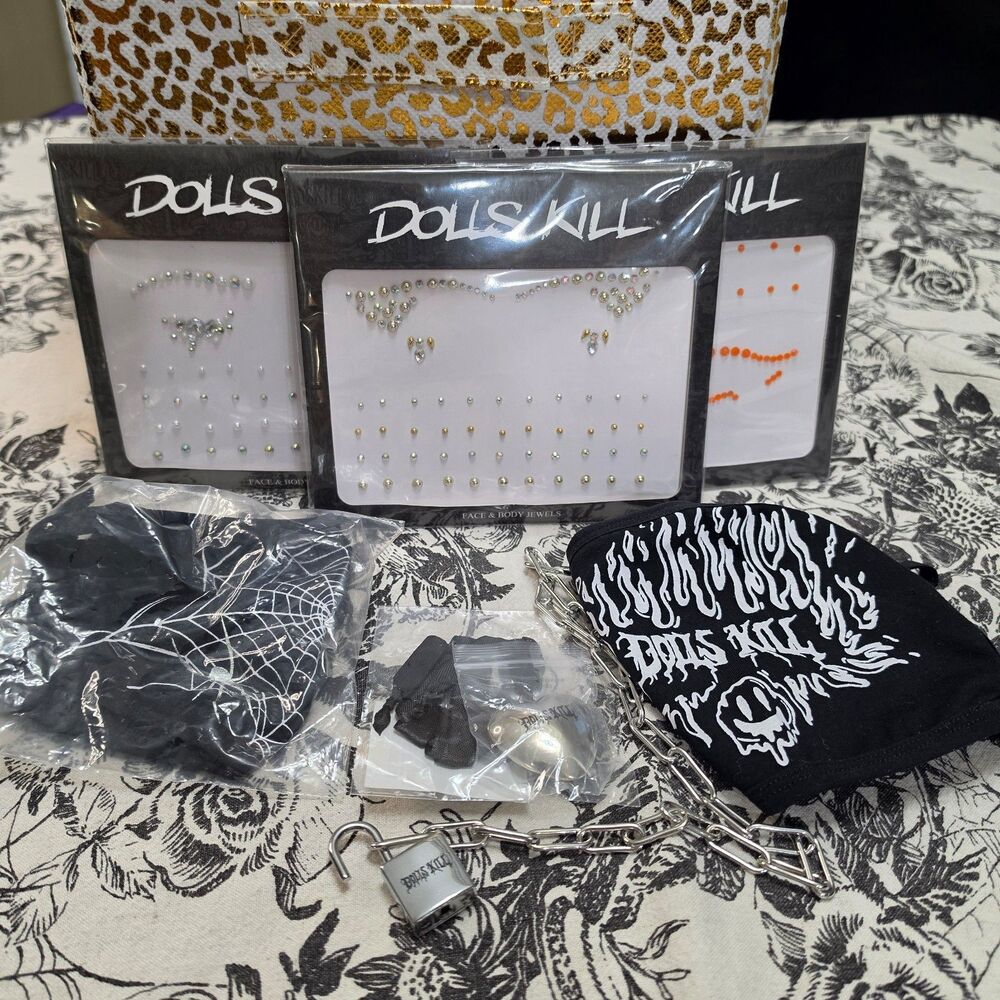 Dolls Kill Bundle of 7 Eye Gems Lock Necklace Heart Necklace Face Masks